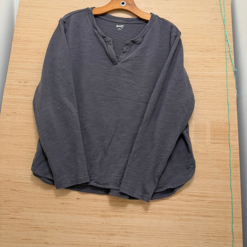 Duluth Trading Co Womens XL Charcoal Gray Slub Knit Split Neck Long Sleeve Top